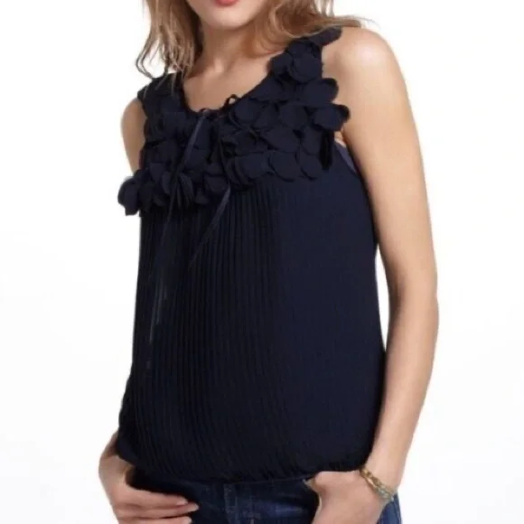 Anthropologie Navy Petal Pleated Blouse by Leif Notes Sz 4 - Picture 2 of 9